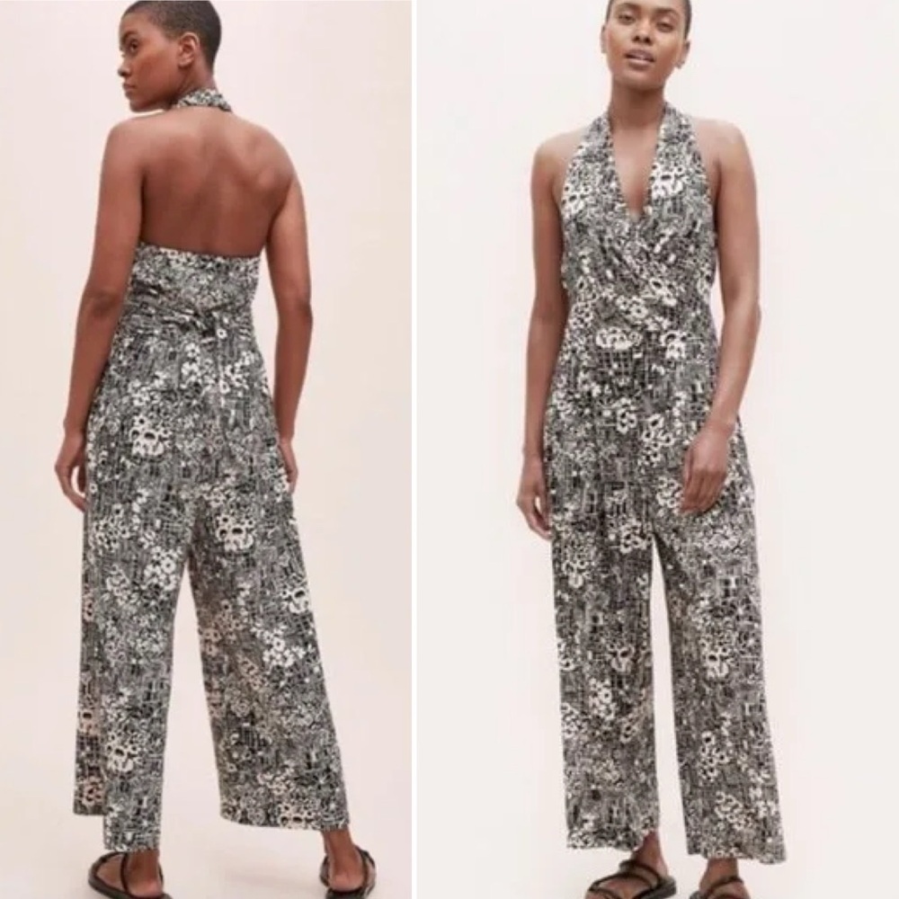 Anthropologie Giovanna Halter Jumpsuit Small‎ black white neutral stretch floral